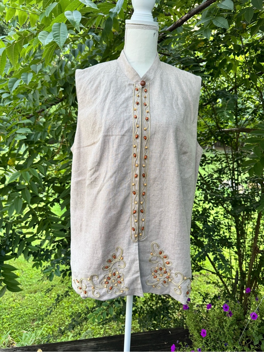 Jessica Howard Beige Embroidered Linen Vest with Bead Accents Sz 14
